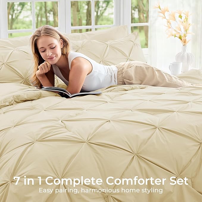 Sasttie King Size Comforter Set, 7-Piece Bed in a Bag, Pintuck Bedding Set for All Season, Includes Comforter, Flat Sheet, Fitted Sheet, Pillowcases and Pillowshams, Pale Yellow