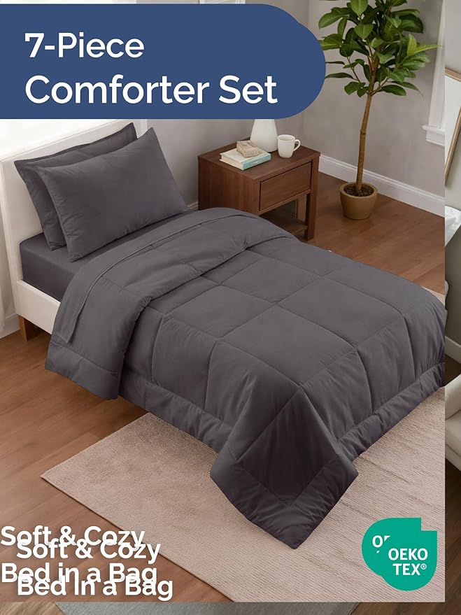 Twin Comforter Set - 5 Piece Bed in a Bag Twin Size Bed Set - Down Alternative Comforter, Flat Sheet, Fitted Sheet, Pillowcase & Sham for All Seasons - Ultra Soft, Cozy, Comfy & Breathable - Dark Grey