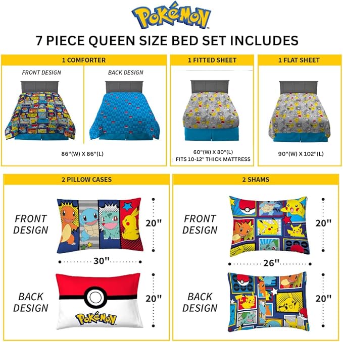 Franco Pokemon Bedding Super Soft Comforter and Sheet Set with Sham, 7 Piece Queen Size, (Official Licensed Product)