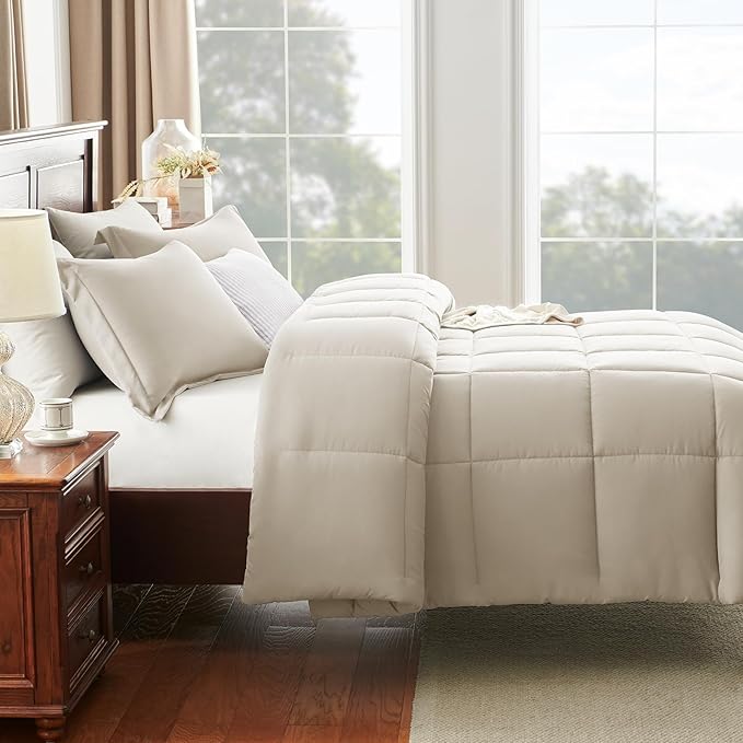 CozyLux Queen Size Comforter Sets Beige - 3 Pieces Box Stitched Queen Bed Set for All Seasons, Soft Lightweight Bedding Sets with 1 Down Alternative Comforter and 2 Pillow Shams