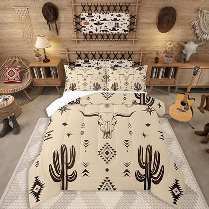 Erosebridal Boys King Size Bull Skull Comforter Set, Western Cowboy Bedding Set Vintage Southwestern Duvet Insert Bohemian Geometric Cactus Quilt Tribal Exotic Ethnic for Teens Bedroom Decor,Khaki