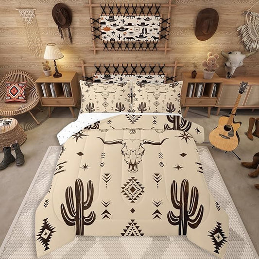 Erosebridal Boys Full Size Bull Skull Comforter Set, Western Cowboy Bedding Set Vintage Southwestern Duvet Insert Bohemian Geometric Cactus Quilt Tribal Exotic Ethnic for Teens Bedroom Decor,Khaki