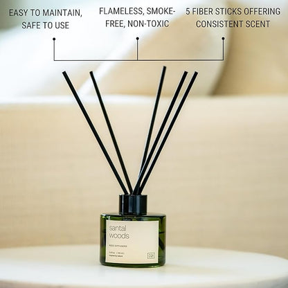 Craft & Kin Santal Woods Christmas Reed Diffuser | All Natural Essential Oil & Rattan Scent Sticks | Holiday Reed Diffusers for Home, Bathroom | Long Lasting Home Fragrance in Green Glass, 3.4oz