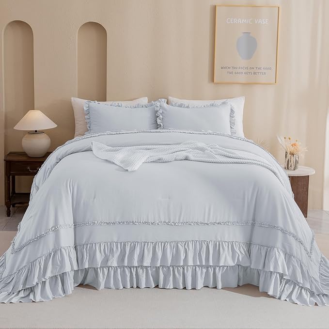 QSH Oversized King Comforter 120x120,3PCs Light Blue Farmhouse Ruffle Bedding Comforter Shabby Boho Chic Ruffled California King Comforter Soft Microfiber Lightweight Fluffy Bed with Pillowcases