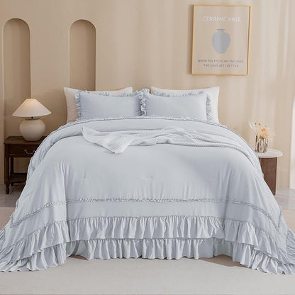 QSH Oversized King Comforter 120x120,3PCs Light Blue Farmhouse Ruffle Bedding Comforter Shabby Boho Chic Ruffled California King Comforter Soft Microfiber Lightweight Fluffy Bed with Pillowcases
