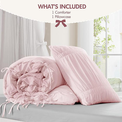 Intelligent Design Twin Comforter Set Ruched Shabby Chic Comforters for Twin Size Bed, All Season Lightweight Comforter Twin, French Country Bedding Set, Sham, Ella, Twin/Twin XL Pink, 2 Piece