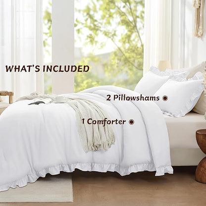 FUANNA Full Size Comforter Sets White, 3 Pieces Ruffle Full Size Bedding Sets, Fluffy Bed in a Bag Full for All Seasons, Shabby Chic Full Bed Set with 1 Lightweight Comforter & 2 Pillowshams