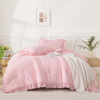 Andency Pink Ruffle Comforter Set Twin, 2 Pieces Kids Comforter (66x90Inch), Lightweight Soft Girls Shabby Chic Bedding, All Season Bed Set