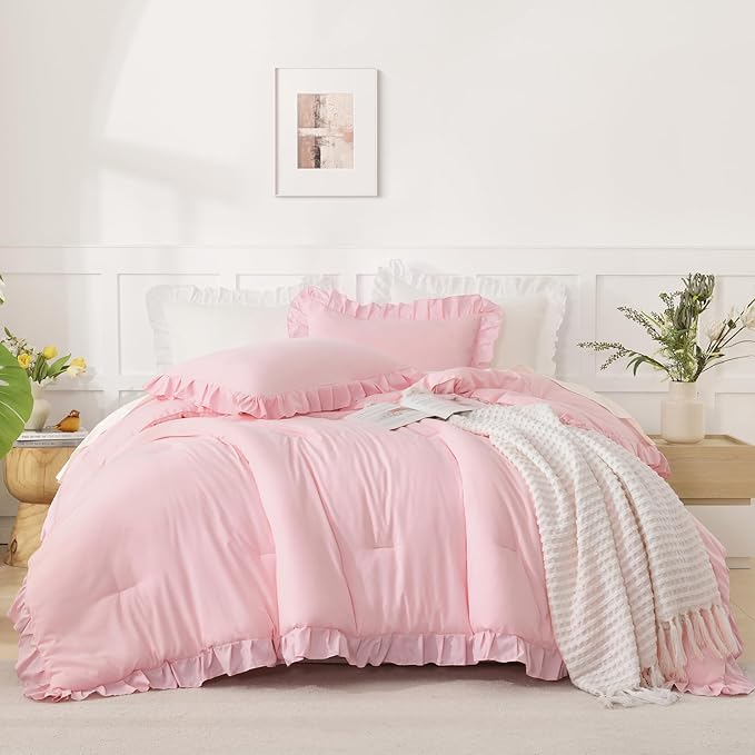 Andency Pink Ruffle Comforter Oversized Queen(98x98Inch), 3 Pieces(1 Ruffled Comforter and 2 Pillowcases) Solid Farmhouse Shabby Chic Bed, Vintage Rustic Soft Microfiber Bedding Set