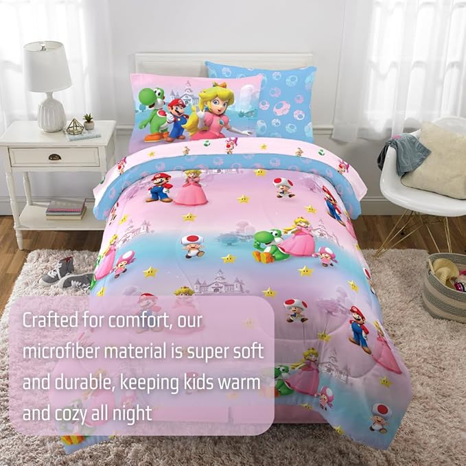 Super Mario Girl Princess Peach Girl Gamer Kids Bedding Super Soft & Cozy Reversible Microfiber Comforter and Sheet Set with Sham, 5 Piece Twin Size, (Officially Licensed Product) by Franco