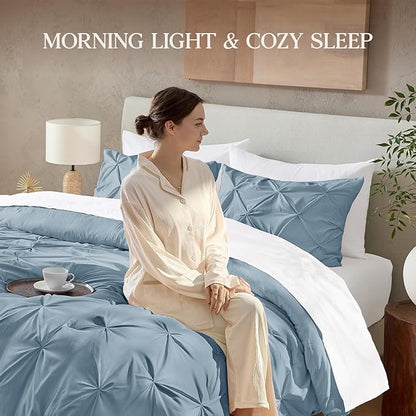 Andency Grayish Blue Comforter Set King, 3 Pieces Boho Pinch Pleat Bedding Comforter, All Season Soft Lightweight Modern Solid Bed Comforter Set