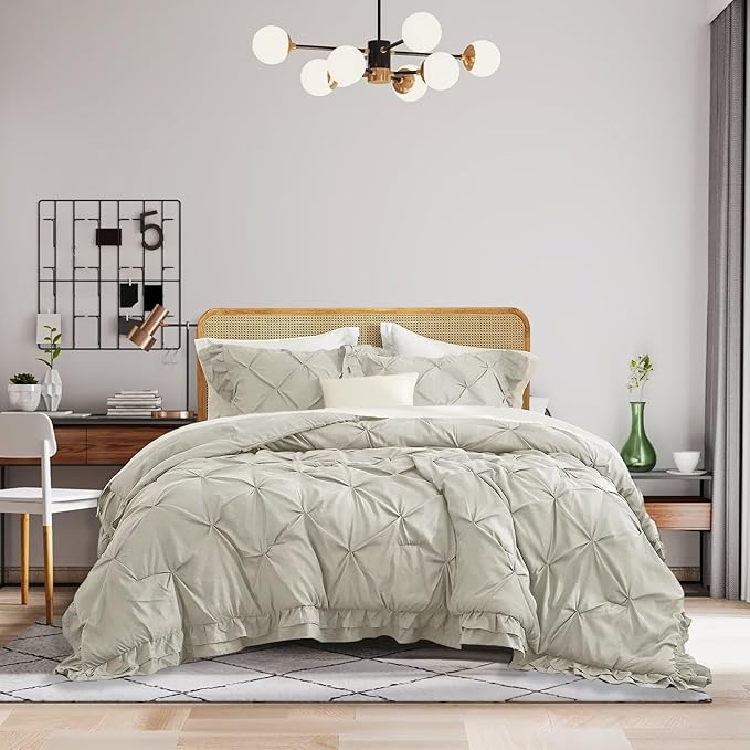 Light Grey Bedding Comforter Sets Full Size 3 Pcs with 1 Comforter and 2 Pillowcases Pinch Pleated Pintuck Ruffles Rustic Shabby Farmhouse Bedding Set All Season Lightweight Bed Sets