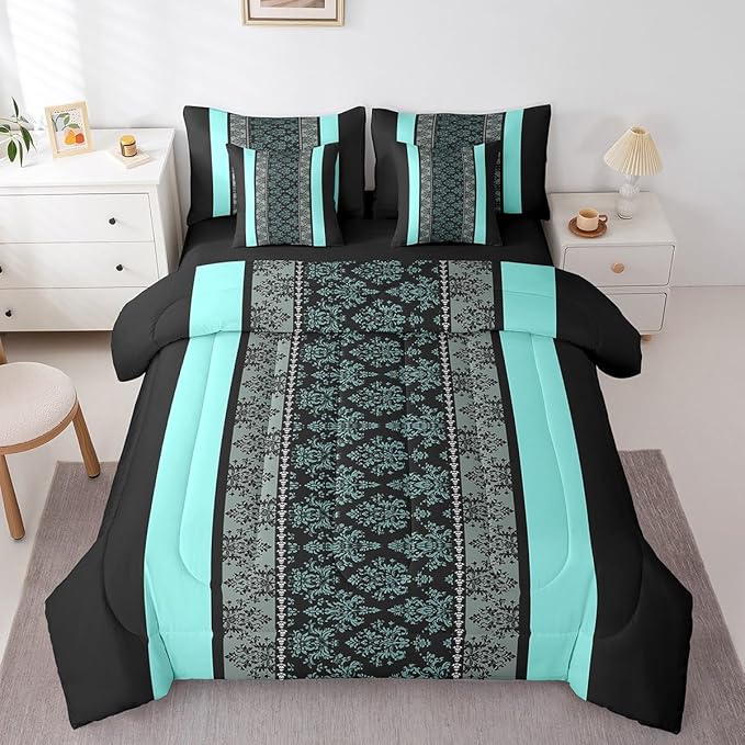 jejeloiu Adult Classic Jacquard 7 Piece Bedding Set King Size Damask Pattern Comforter Set with Sheets for Boys Girls Black Teal Stripe Bed in a Bag Baroque Bed Set