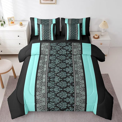 jejeloiu Adult Classic Jacquard 7 Piece Bedding Set King Size Damask Pattern Comforter Set with Sheets for Boys Girls Black Teal Stripe Bed in a Bag Baroque Bed Set