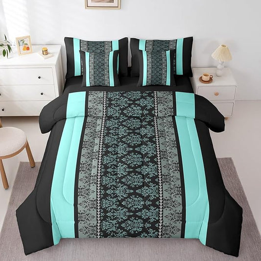 jejeloiu Adult Classic Jacquard 7 Piece Bedding Set Full Size Damask Pattern Comforter Set with Sheets for Boys Girls Black Teal Stripe Bed in a Bag Baroque Bed Set