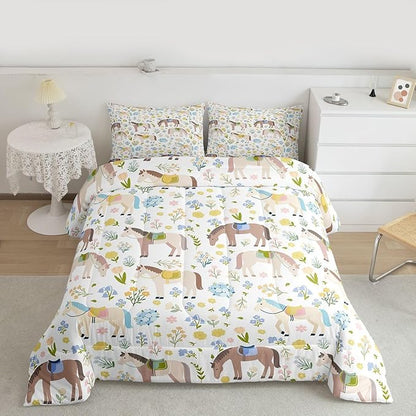 Cartoon Horse Comforter Set Twin Size,Bohemian Flowers Bedding Sets 2Pcs for Kids Girls Boys Women Room Decor,Rustic Farmhouse Quilted Duvet Farm Animals Plants Down Comforter,1 Pillowcase