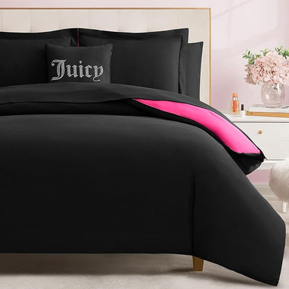 Juicy Couture Alexis Reversible Comforter Set, King Bed in a Bag – Black/Hot Pink, 8-Piece Bedding Collection