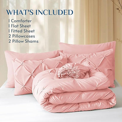 JOLLYVOGUE Queen Comforter Set 7 Pieces - Bed in a Bag Queen for All Season, Pintuck Bedding Comforter Sets with Comforter, Flat Sheet, Fitted Sheet and Pillowcases & Shams, Pink