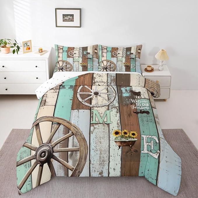 Western Rustic Comforter Twin Farmhouse Cabin Quilt Bedding Set For Kids Adult Men Women,Farm Animal Sunflower Wheel Comforter Set Retro Barn Door Windmill Duvet Blue Green Home Room Decor 2 Pcs