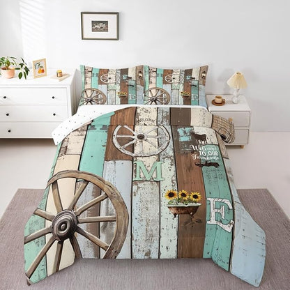 Western Rustic Comforter Twin Farmhouse Cabin Quilt Bedding Set For Kids Adult Men Women,Farm Animal Sunflower Wheel Comforter Set Retro Barn Door Windmill Duvet Blue Green Home Room Decor 2 Pcs