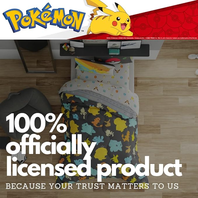 Pokemon Bedding Set, Twin Size 5 Piece Set Kids Super Soft Cozy Reversible Comforter and Sheet Set with Sham, (100% Officially Licensed Product) by Franco