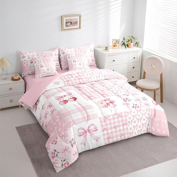 Feelyou Pink Bow Comforter Set with Sheets 7 Piece Twin Size Cherry Prints Bed in a Bag Kids Boys Girls Heart Pattern Bedding Set Cute Bowknot Bedroom Decor Breathable Soft Lightweight Microfiber