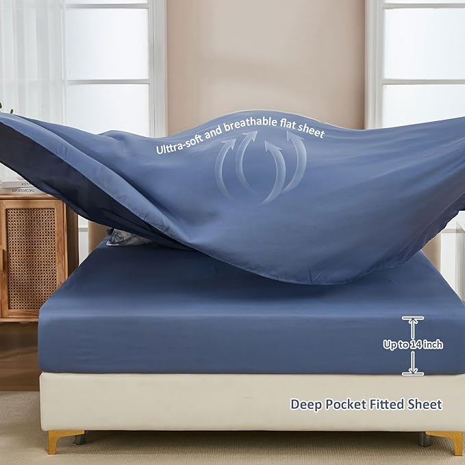 DJY Blue Comforter Set Queen, 7 Pieces Bed in a Bag Queen Size Botanical Comforters with Sheets Elegant Plants Print Soft Microfiber Reversible Complete Bedding Sets for All Season