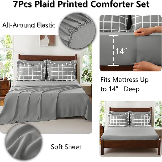 CozyLux Queen Comforter Set with Sheets - 7 Pieces Plaid Bed in a Bag Set Grey, Soft Queen Bedding Sets Bed Set with All Season Quilted Comforter, Flat Sheet, Fitted Sheet, Pillowcases & Pillow Shams