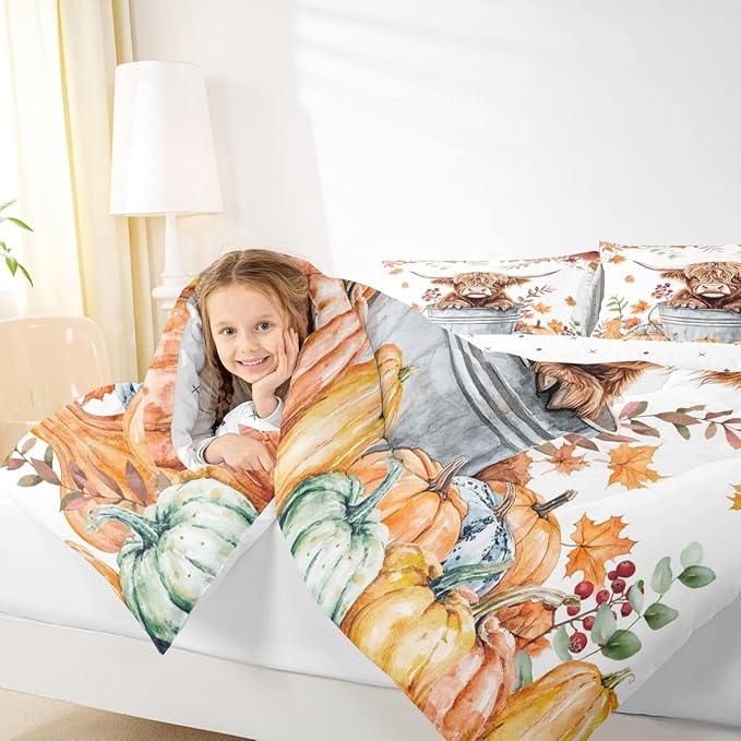 Highland Cow Bedding Set Toddler Size Cute Farm Animals Rustic Comforter Set for Kids Teens Bedroom Decor Fall Maple Leaf Pumpkin Soft Polyester Quilt Duvet Orange Duvet Insert,1 Pillowcase