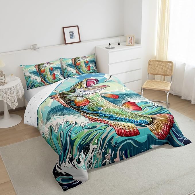 Erosebridal Bass Fishing King Comforter Set,Big Pike Fish Bedding Sets for Kids Boys Men,Vintage Ocean Waves Quilt Bed Set,Fishing Lake House Bedroom Decor,2 Pillowcases Lightweight