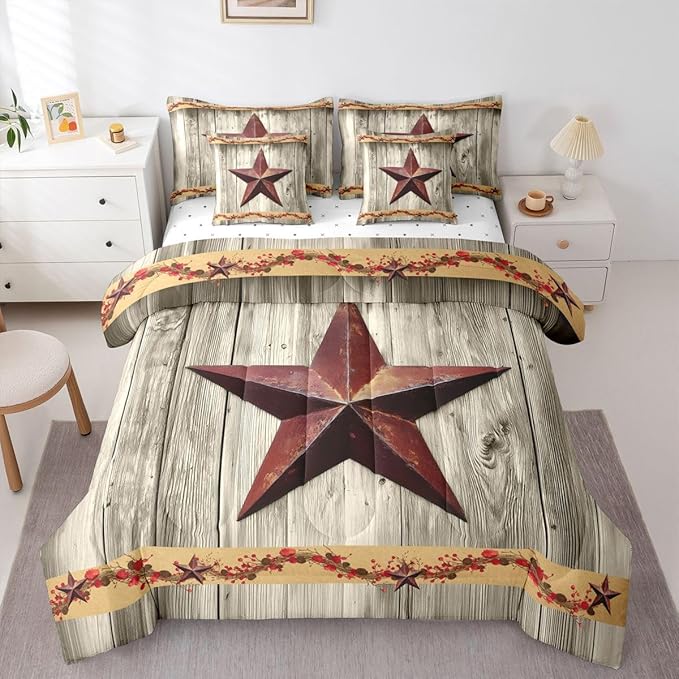 Erosebridal Western Texas Star 7 Pieces Bedding Set King Size Retro Farmhouse Barn Comforter Set for Teens Kids Bedroom Terracotta Star Print Comforter with Sheets Rustic Vintage Grain Duvet Insert