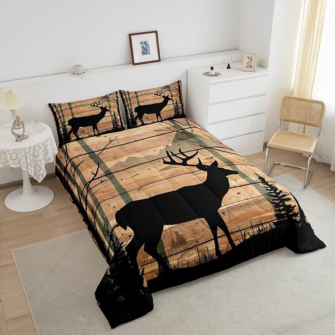 Feelyou Deer Moose Print Comforter Set Queen for Girls Women Teens Adult, Kids Boys Bear Hunting Theme Bedding Set, Forest Wild Animal Comforter Soft Quilt Set, with 2 Pillowcase 3pcs Bedding