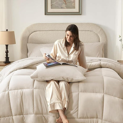 SunStyle Home Beige Full/Queen Comforter Set - 7 Pieces Bed in a Bag, Lightweight Goose Down Alternative Bedding Sets with All Season Comforter, 1 Flat Sheet, 1 Fitted Sheet, 4 Pillowcases