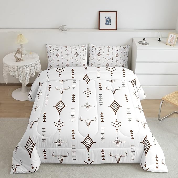Feelyou Bull Skull Western Comforter Set Boho Ethnic Horns Bedding Set Full Size for Kids Adult Brown White Tribal Symbol Mysterious Aztec Comforter