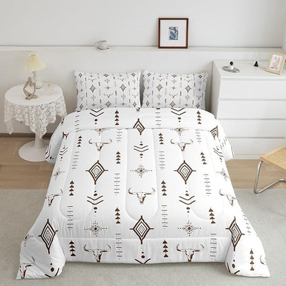 Feelyou Bull Skull Western Comforter Set Boho Ethnic Horns Bedding Set King Size for Kids Adult Brown White Tribal Symbol Mysterious Aztec Comforter
