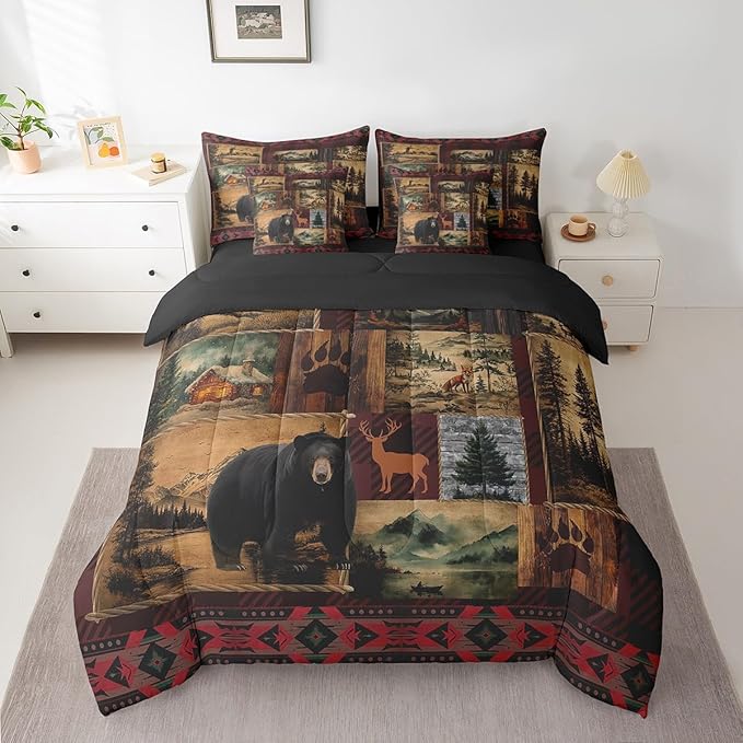 Erosebridal Anlters Moose Bear Hunting Queen Comforter Set 7 Piece,Boho Rustic Cabin Lodge Bed in a Bag with Sheet Set,Retro Patchwork Buffalo Plaid Bed Sheets,Woodland Fox Wild Animal Bedding Set