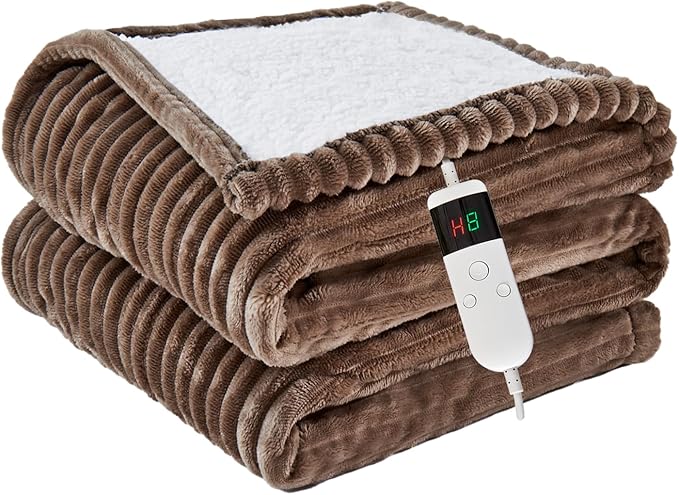 Heated Blanket Electric Full, Soft Flannel Heating Blanket with 8 Hours Auto Off 10 Fast Heating Levels Machine Washable Sherpa Heated Blanket with Overheating Protection