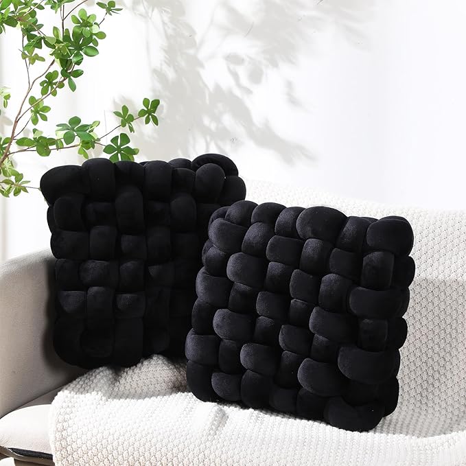 Wenqik 2 Pcs Knot Pillows Square Knotted Plush Throws Soft Accent Pillows Decoration Cushion for Couch Home Office Living Room Bedroom Bed Sofa Decor, 12'' x 13''(Black,Crystal Velvet)