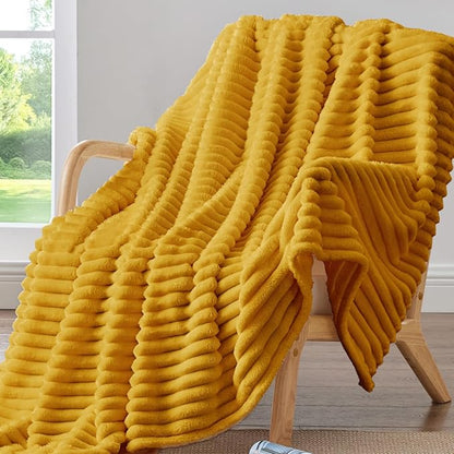 BEDELITE Fleece Throw Blanket for Couch - 300GSM Soft & Warm Fluffy Mustard Yellow Blanket, Decorative and Giftable Striped Blankets for Women, Men, 50"x60"