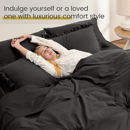 QUIETSEA Queen Bed in a Bag 7 Pieces Comforter Set Queen, Ruffle Bedding Comforter Set Black Bed Set with Comforter, Pillowcases, Flat Sheet, Fitted Sheet and Pillow Shams