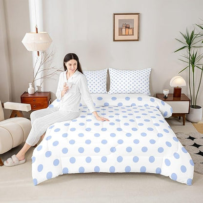 Manfei Blue Polka Dots Comforter Set,Geometric Circles Purple White Simple Art Bedding Set for Teens Young Room,French Style Dots Cartoon Cute Quilt Set 3 Pcs with 2 Pillowcases,Full