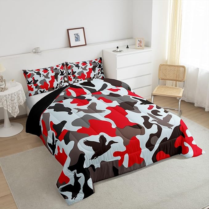 Erosebridal Farmhouse Duvet Insert Toddler Size Camo Bedding for Kids Army Camouflage Hunting Bedding Comforter Sets Vintage Red Grey Bedroom Decor Wild Animal Duck Rustic Comforter Set
