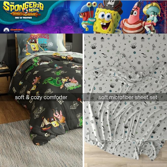 The Spongebob Movie: The Search for Squarepants Bedding Set – Roblox Reward Included - 5 Piece Twin Soft Reversible Comforter & Sheet Set, (Officially Licensed Product) by Franco Kids
