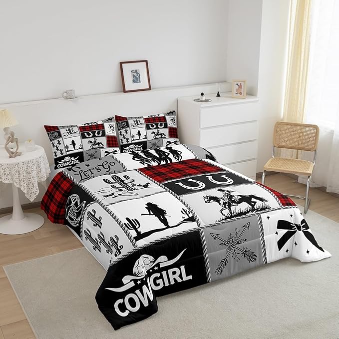 Western Cowgirl Kid Comforter Set Twin Size,Cactus Horseshoe Cow Skull Geometric Patchwork Bedding Set,Girls Women Room Decor,Bowknot Arrow Boho Down Comforter,Red Xmas Duvet Insert,1 Pillowcase