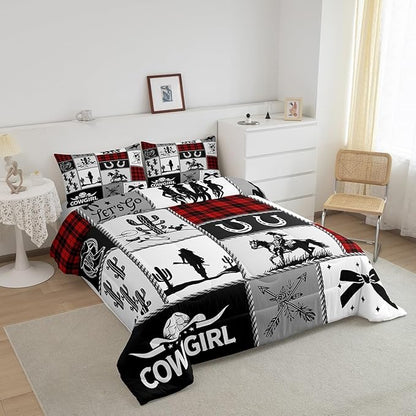 Western Cowgirl Kid Comforter Set Full Size,Cactus Horseshoe Cow Skull Geometric Patchwork Bedding Set,Girls Women Room Decor,Bowknot Arrow Boho Down Comforter,Red Xmas Duvet Insert,2 Pillowcases