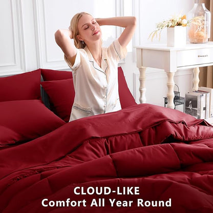 CozyLux King Size Comforter Set Dark Red, 7 Pieces Bed in a Bag, Red Comforter King Size, All Season Bedding Sets with Stitch Quilted Comforter, Flat Sheet, Fitted Sheet, Pillowcases