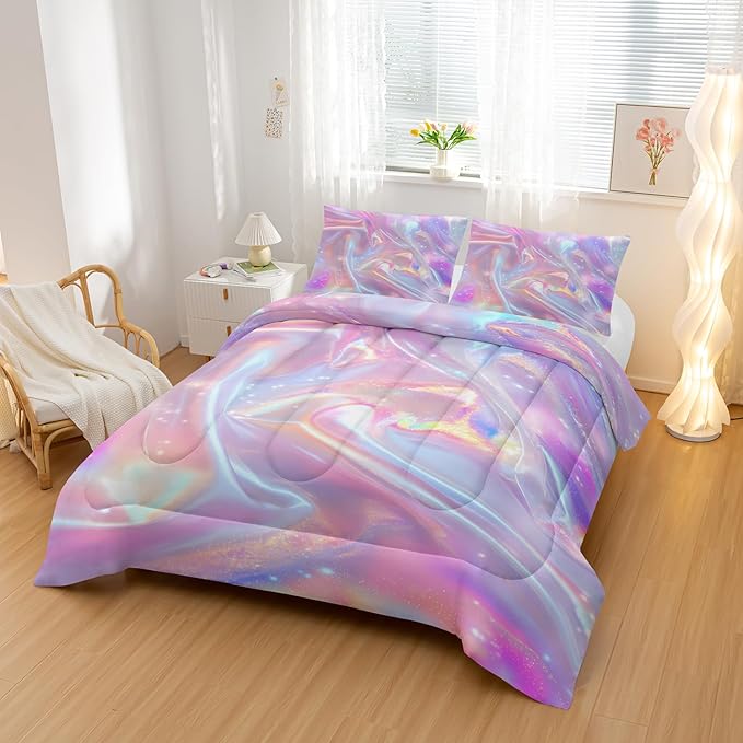 Pink Abstract Art Comforter Modern Abstract Comforter Set,Rainbow Gradient Star Bedding Set Full Size 3PCS,Mordern Art Decor All Season Lightweight Soft Microfiber with 2 Pillow Shams
