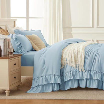 Andency Light Blue Queen Comforter Set (90x90Inch), 3 Pieces Lightweight Fluffy Ruffle Bedding Comforter Sets for Queen Bed, Farmhouse Shabby Chic Soft All Season Bed Set