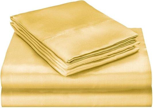 100% Pure Silk Satin Sheet Set 4pcs, Silk Fitted Sheet 15" Deep Pocket Mattress fit,Silk Flat Sheet&Silk Pillowcases Set Cool Soft Silk Sheets|Wrinkle Free Fade Resistant Twin Gold