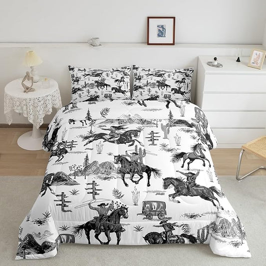 Feelyou Western Decor Comforter Queen Size Wild Western Cowboy Cowgirl Comforter Set for Boys Girls Children Horse Desert Rodeo Cowboy Style Bedding Set Room Decor Grey Duvet Set 3Pcs